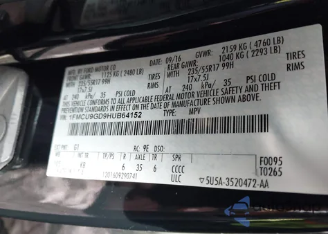 2017 Ford Escape Se from USA, damaged, VIN 1FMCU9GD9HUB64152